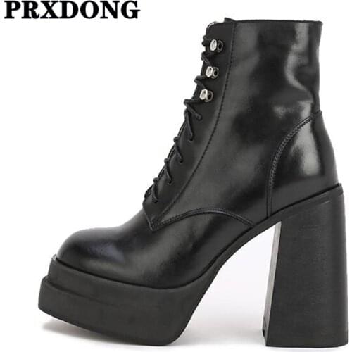 Women Ankle Boots New Autumn Winter Cow Leather Shoes Thick High Heels Platform Shoes Woman Working Black Short Boots Size 34-40