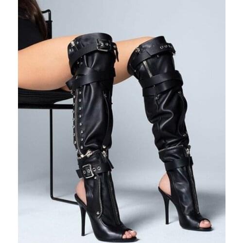 Sestito Woman Sexy Black Buckle Strap Motorcycle Boots Ladies Open Toe Sandals Boots Over-the-knee Boots Girls Slingback Shoes