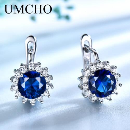 UMCHO Simulated Vintage Blue Sapphire Clip Earrings For Women Solid 925 Sterling Silver Jewelry Accessories Women Party Gift