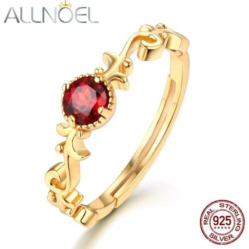 ALLNOEL Solid 925 Sterling Silver Women 's Ring 100% Natural Mozambic Garnet Gemstone Vintage Wedding Flower Finger Ring Set New