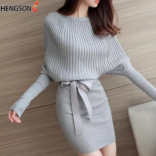 2020 Elegant Slim Knitted Dress Autumn Women Clothing Knitwear High Street Sashes Belt Mini Dress Long Sleeve Knit Dress