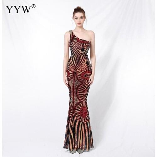 New Burgundy Dresses Pretty Elegant Mermaid One Off Shoulder Sequined Wedding Party Dress Formal Gowns Robe De Soiree 2020