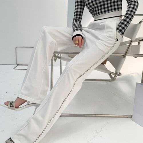 Solid Elastic Minimalist Pants White Casual Diamonds Pant For Women High Waist Females Fashion Summer Clothing