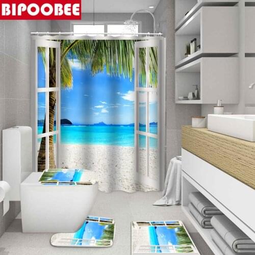 3D Seaside Beach Bathroom Curtains Set Toilet Lid Cover Bath Mats Non Slip Carpet Ocean Scenery Modern Shower Curtain with Hooks