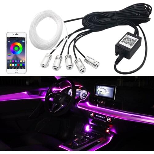 6 in 1 RGB LED Atmosphere Car Light Interior Ambient Light Fiber Optic Strips Light by App Control DIY Music 8M Fiber Optic Band