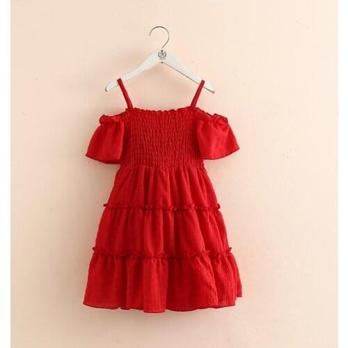 Kids Strap Dresses 3-9 Y Baby Girls Korean Pleat Solid Color Cute Dress Toddler Clothes Summer New Fashion Red Dresses for Girls