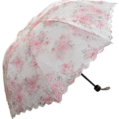 Double-layer Lace Umbrella Rain Dual-use Embroidery Tri-fold Umbrella Princess Umbrella Sunscreen Black Plastic Sun Umbrella