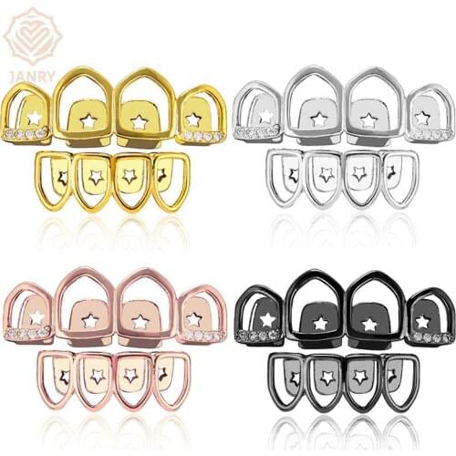 JANRY 4 Teeth Hollow With Drill Teeth Grillz Pot Weed Leaves Gold Color Plated Top & Bottom Gold Teeth Grills Sets For Men Women