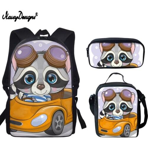 NOISYDESIGNS Raccoon Drives a car Pattern School Bag Set for Teen Girls Boys School Backpack Children Shoulder Book Bags Satchel