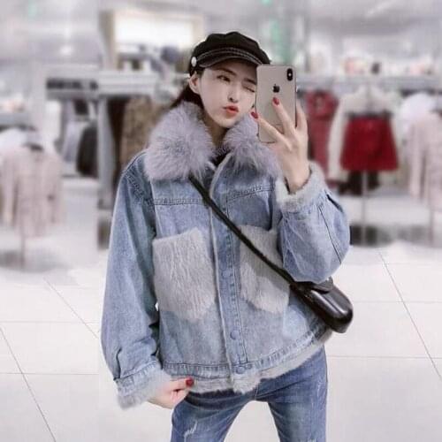 Fox big fur collar plus velvet denim jacket womens short Korean version of loose thick jacket cotton-padded jacket winter new