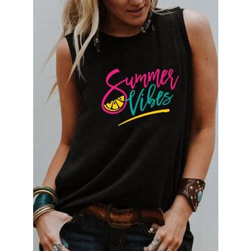 Summer Vibes lemon Tank top Funny Summer trendy tank Funny letter graphic Print Sleevele shirt women fashion casual vintage tops