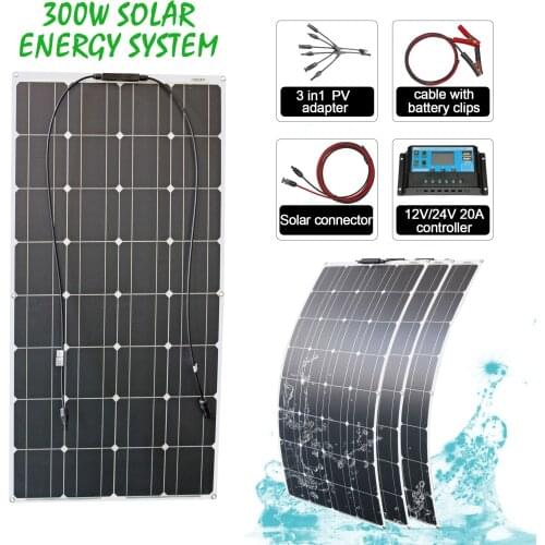 Flexible 12v 100w 200w 300w solar panel kit complete for home solar panel with 10A 20A regulator