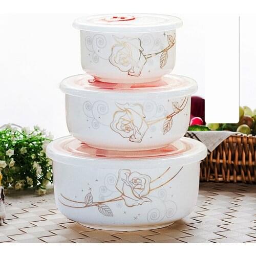 Three-piece set, fine bone china bowl set, keeping food warm, ceramic food containers, for dinner and cooking, microwave save