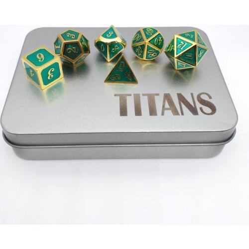 TITANS Green Metal Dice Set in Tin Box, Polyhedral Die for DnD Game 7pcs RPG Game (Golden Edge W/ Green Enamel)