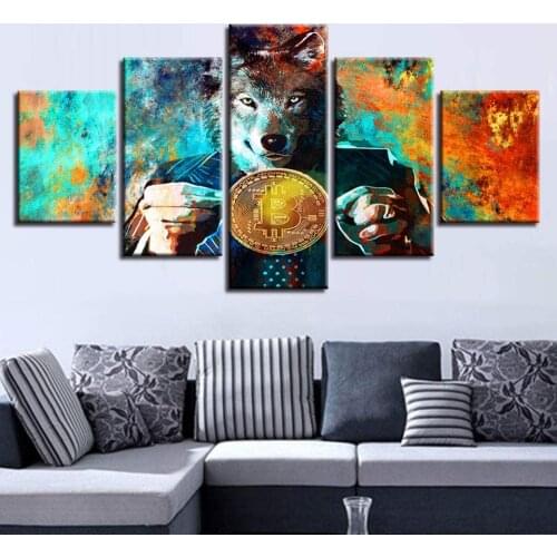 5 Pieces Wall Art Canvas Painting Wolf And Golden Coins Color Abstract Poster Modern Living Room Wall Painting Framework