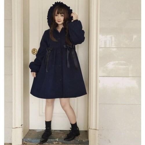 Original Design Womens Long Winter Coat Baby Ruffle Trim Hat Thick Outwear Warm Color Navy Blue