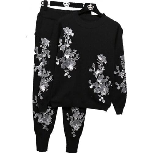 Autumn Flower Embroidery Knit Sweaters Black Set Female Casual Tracksuits 2pcs Pullover Tops Harem Pants Two Pieces Set Spring