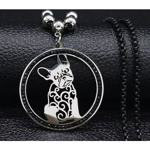 French Bulldog Crystal Stainless Steel Statement Necklace Women Black Silver Color Bead Necklace Jewelry collier femme N72S05
