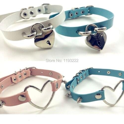 Punk Lolita Kawaii Harajuku Handmade Big Heart Lockable Key Buckle Adjustable Leather Choker Collar Necklace