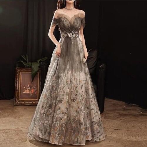 Luxury Gray Evening Dresses Strapless Lace Appliques Beaded Backless Elegant Party Prom Homecoming Evening Gowns Off Shoulder