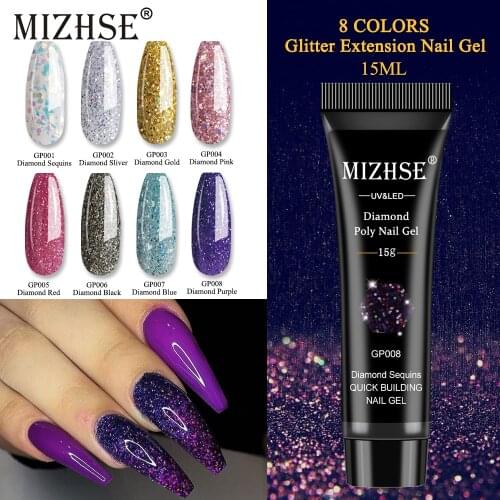 MIZHSE 15g Poly Nail Gel 8 Colors Glitter UV Semi Permanent Gel Nail Polish Soak Off Acrylic Gel for Nails Art Design