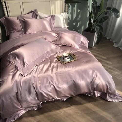 Luxury Solid color smooth silky Bedding Set Duvet Cover Sheet Pillowcase King Queen Size White Gray Blue Silk cotton Bed Linen