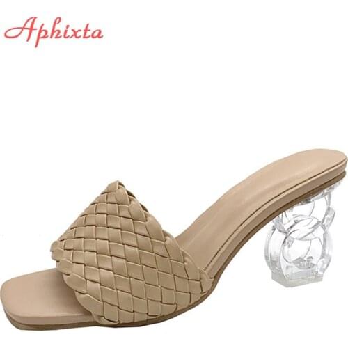 Aphixta 7cm Transparent Hinge Heels Slides Women Mules Design Weave Slippers Sandal Slides Braided Cord Women Shoes Female 2021