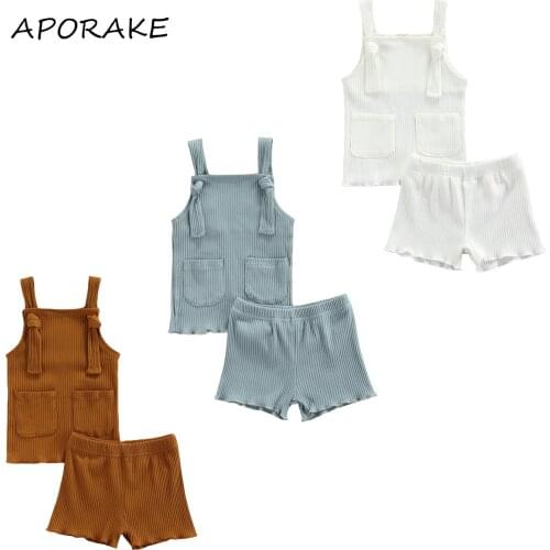 2021 0-24M Infant Baby Clothing Boys Girls Summer Solid Color Sleeveless Knotted Rib Knit Tank Tops+Shorts Set Casual Outfits