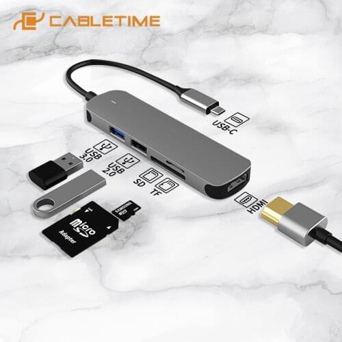 CABLETIME USB C Hub to HDMI 4K 60Hz SD TF Card Reader LED Light PD 100w USB3.0 for Laptop MacBook Pro Matebook Multi Hub H02