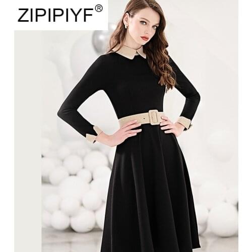 2020 Spring New Womens Peter-Pan-Collar Dress Waist Slimming Elegant OL Temperament Black A-Line Dress C173