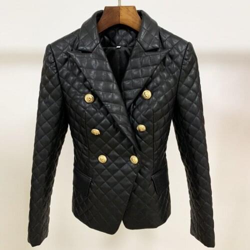 Top QUALITY 2021 Best Seller Designer Blazer Womens Lion Buttons Grid Cotton Padded Black Real Leather Jacket Wholesale