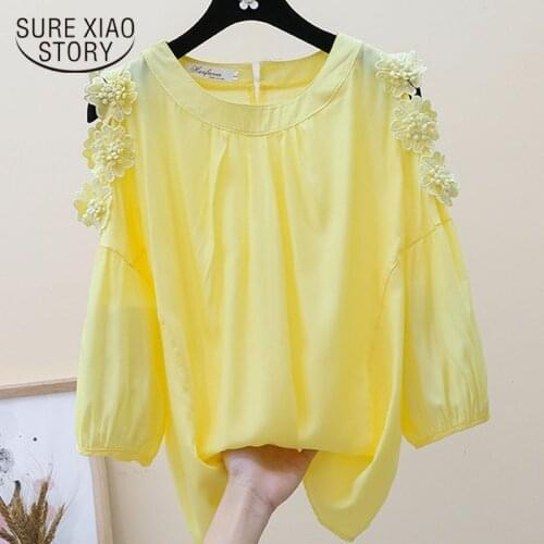 2021 Spring and Summer New Flower Embellishment Off Shoulder Solid Chiffon Blouse Women Korean Loose Slim Fit Women Tops 9531