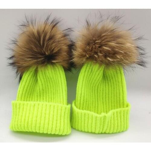 New women casual raccoon fur pom pom knitted beanie cap adult wool knitting skullies hat gorros