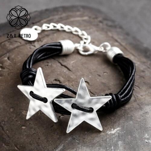 Genuine Leather Double Star Womens Bracelets Fashion Simple Bracelet Cuff Bracelets New Year Gift 2021 Best Friends Accessories