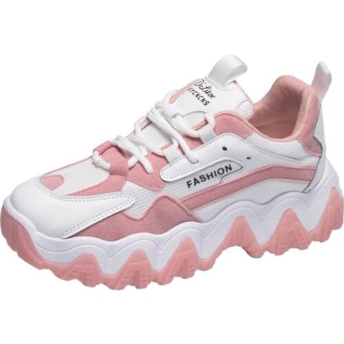 2020 Spring New Leather Womens Platform Chunky Sneakers Fashion Women Flat Thick Sole Shoes Woman Dad Footwear Plus Size