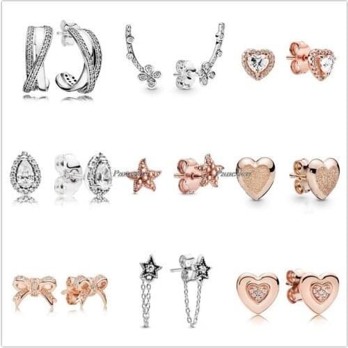 Authentic 925 Sterling Silver Rose Sparkling Elevated Heart With Crystal Stud Earrings For Women Wedding Gift Pandora Jewelry