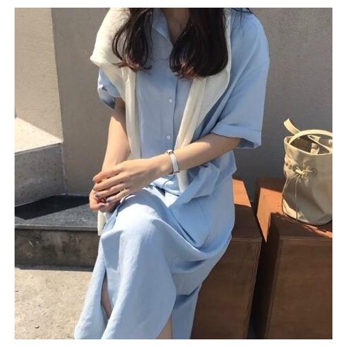 2021 Loose Long Shirt Dress Sashes Single Breasted Split Hem Midi Dresses Women Summer Casual Green