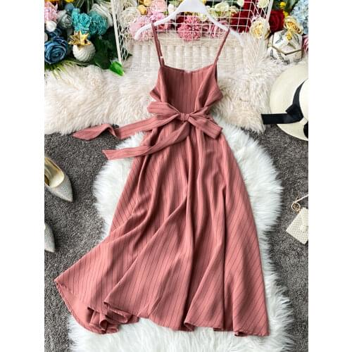 Womens Dress 2020 Summer New Stripes High Waist Bow Lacing A-line Dress Spaghetti Strap Dress Vacation Mid-length Dress ML889