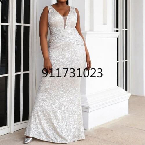 2021 Women Plus Size Dresses Maxi Sexy Evening Prom Sequins Sleeveless V Neck Backless Party Elegant 2XL 3XL 4XL Dress