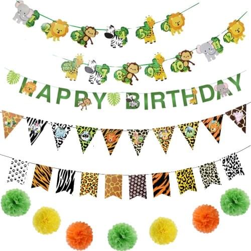 1 set Animal Cartoon Birthday Banner Jungle Safari 1st Birthday Animal Paper Garland Jungle Safari Rainforest Party Decoration