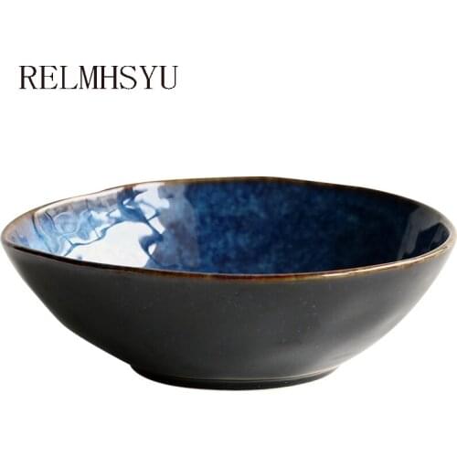 1PC Japanese Style Blue Noodle Soup Bowl Irregular Fruit Salad Rice Dinner Bowl Household