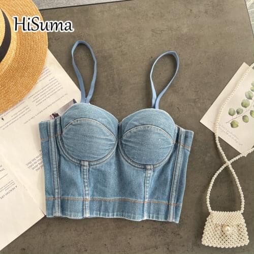 2021 summer womens V-neck strap denim girl camisole Tube top bra one piece belt pad wireless Corset female underwear