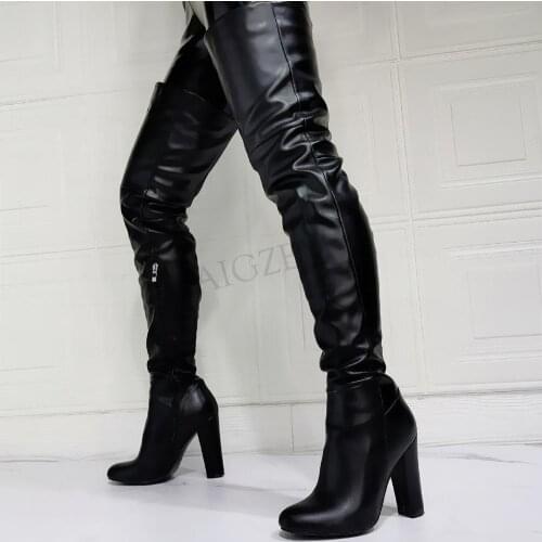 BERZIMER Women Thigh High Boots Side Zip Thick Block Heels Over Knee Boots Black Autumn Winter Shoes Woman Big Size 41 43 45 47