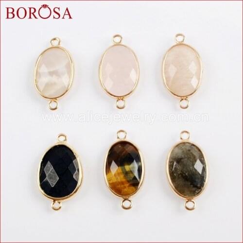 BOROSA 20PCS Gold electroplated Bezel Pink Quartz Faceted Connector Tiger Eye Double Loops For Bracelet Necklace Making WX1028