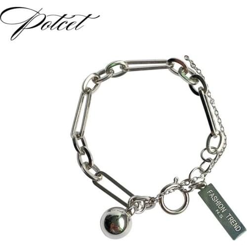 POTCET Unisex Stainless Steel Round Ball Square Letter Titanium Steel Bracelet Geometric Hip Hop Personality Party Jewelry