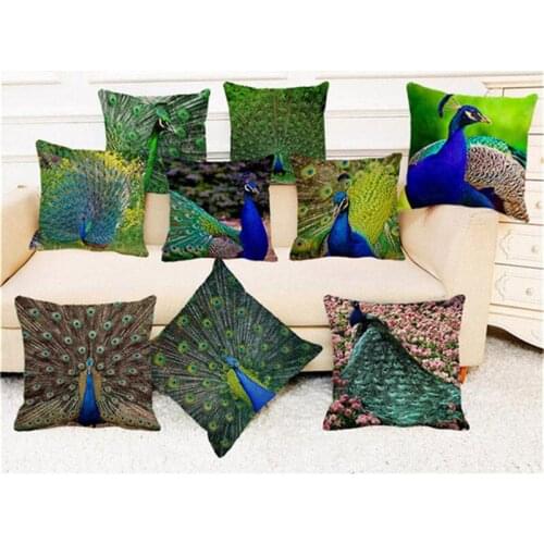 XUNYU 45x45cm Cushion Cover Beautiful Peacock Throw Pillow Case Linen Cushion Case Sofa Bed Decorative Pillowcase C0026