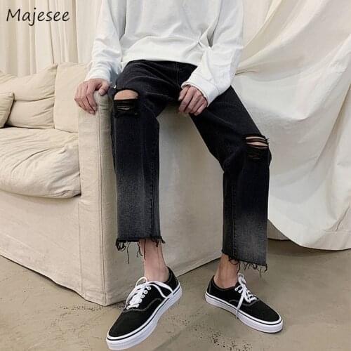 Jeans Men Design Harajuku Hole Ripped Jean Fur-lined Gradient Color Ankle-length Hip Hop Male Panelled Straight Denim Trouser BF