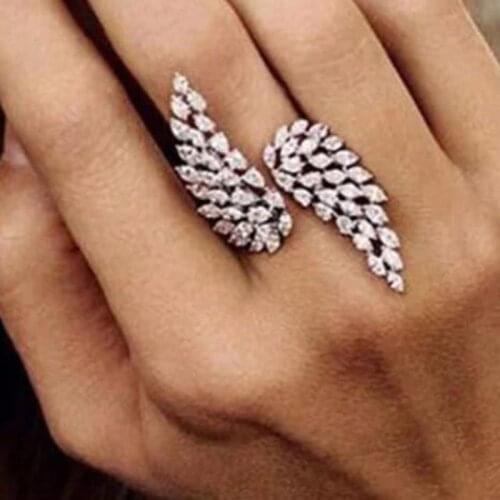 Elegant Angel Wing Feather Full Cubic Zirconia Pave Women Bridal Engagement Adjustable Ring Jewelry Addiction