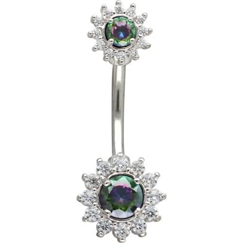 JHJT 14G Belly Button Ring Double Sun Flower 316L Surgical Stainless Steel Navel Piercing CZ Navel Rings Belly Jewelry