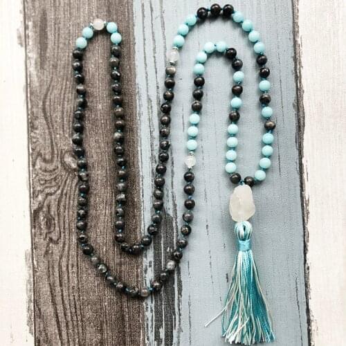 Knotted Mala Necklaces 108 Prayer Raw Q-uartz Necklace Black Labradorite & Blue Stone Bead Necklace Tassel Healing Stone Jewelry